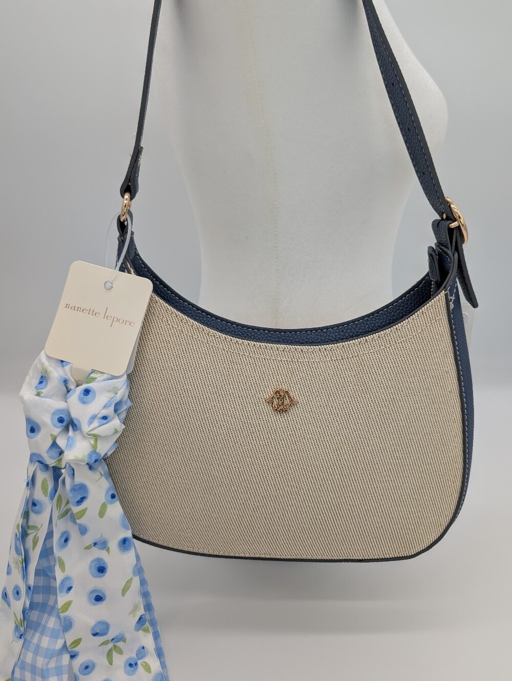 Nanette Lepore Twill Mathlida Shoulder Bag Indigo Blue Blueberry Scarf Hair Tie